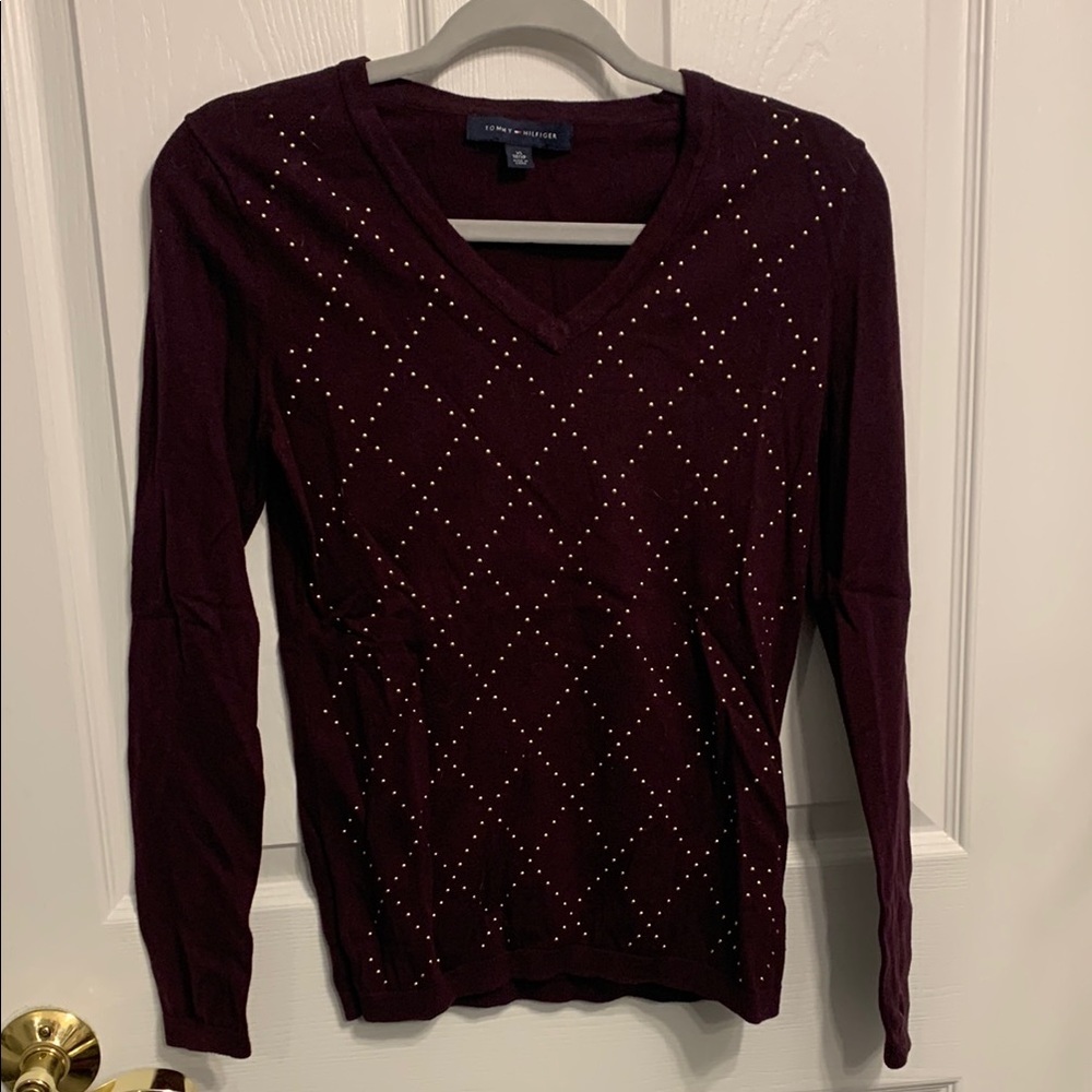 Tommy Hilfiger Burgundy‎ V-Neck Sweater with Gold Studded Design size XS